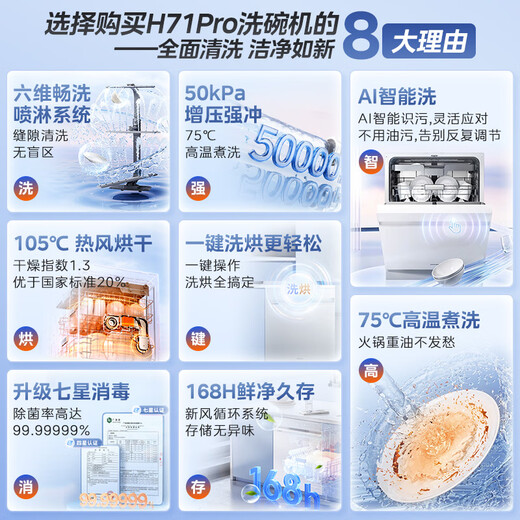 Hualing National Subsidy H71Pro Dishwasher Fully Embedded Seven-Star Dishwasher 17 Sets Large Capacity Desktop Frequency Converter 105 Degree Hot Air Drying One-click Washing, Drying and Memory Removal Hualing H71Pro Dishwasher Produced by Midea