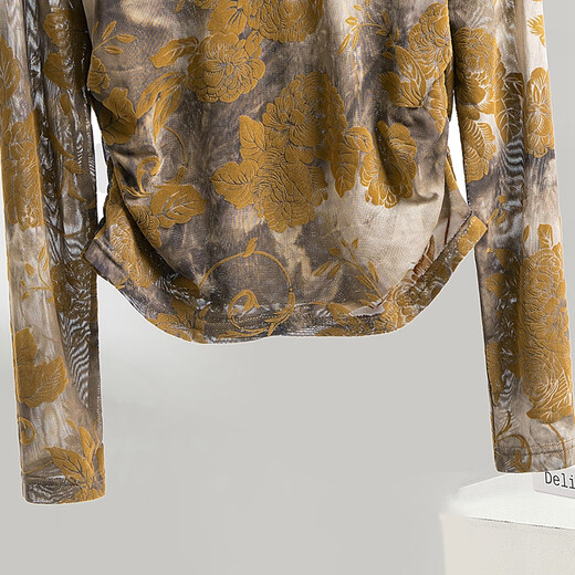 Cypress flower flocked mesh long-sleeved T-shirt for women 2025 autumn new style round neck slim slimming bottoming shirt