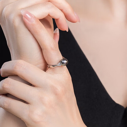 Jingrun Pearl Ring S925 Silver Tahitian Black Pearl Seawater Pearl Light Luxury Self-Wear Eye-catching Birthday Gift for Girlfriend