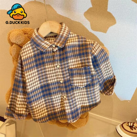 G.duck Little Yellow Duck Children's Retro Plaid Shirt Autumn New Girls Korean Lapel Jacket Boys Long Sleeve Fashionable Y Pink Shirt 90 cm