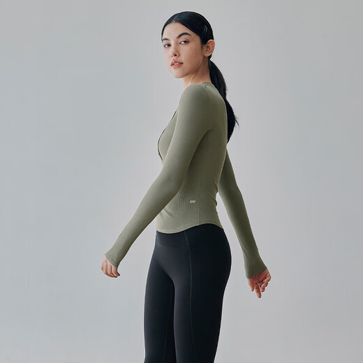 Gigt Jiji yoga wear women's ribbed slim long-sleeved T-shirt outer wear sports long-sleeved fitness wear Pilates top black M