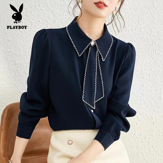 Playboy (PLAYBOY) Fashion Commuting Ribbon Shirt Women 2025 Spring and Autumn New Temperament Niche Versatile Professional Long Sleeve Bottoming Shirt Women Blue L