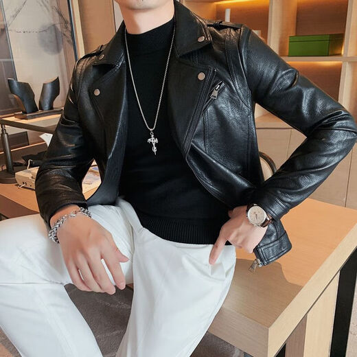 2025 Spring and Autumn New Men's Slim Leather Jacket Korean Style Men's Diagonal Zipper Suit Collar Leather Jacket Motorcycle Jacket Black 3XL Recommended Weight 145-160Jin Jin is equal to 0.5 kg
