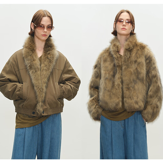 MSBEAST Miss Beast Second-hand two-color raccoon fur collar reversible drop shoulder slightly wide jacket party jacket丨Bahn new order pine green S