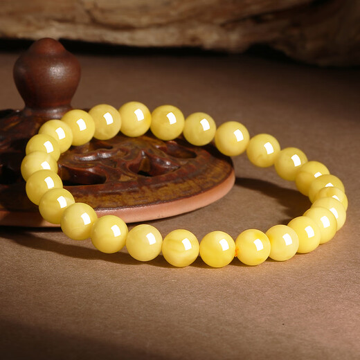 Shi Yue Jewelry Natural Raw Mineral Russian Beeswax Amber Bracelet Men and Women Model Chicken Oil Yellow and White Flower Beeswax Bracelet Gift Natural Beeswax 7-8mm