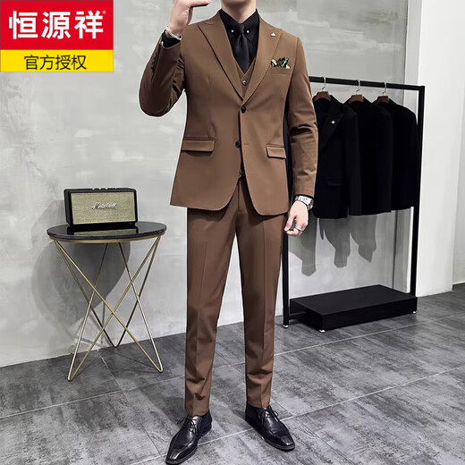 Hengyuanxiang Spring and Autumn Suit Men's Jacket Groom Wedding Dress Coffee Color Business Work Professional Formal Suit Suit Men Coffee Color (suit + vest + trousers, black shirt tie) S 46