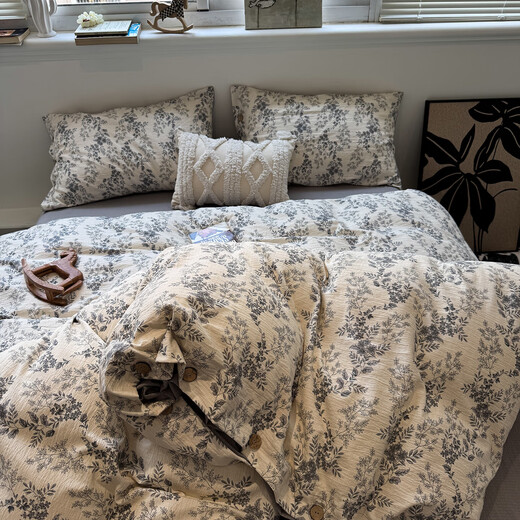 Autumn and winter thickened American retro style original linen retro button style bed four-piece set 2025 new bed sheet and quilt cover Original linen retro-midsummer 1.8m fitted sheet four-piece quilt cover 200x230