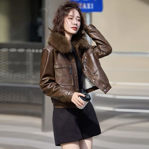 Playboy (PLAYBOY) brand Haining detachable fur collar leather jacket for women 2025 autumn and winter new velvet thickened leather jacket motorcycle wear fur detachable fur collar brown XL size recommended 105-120 Jin Jin equals 0.5 kg