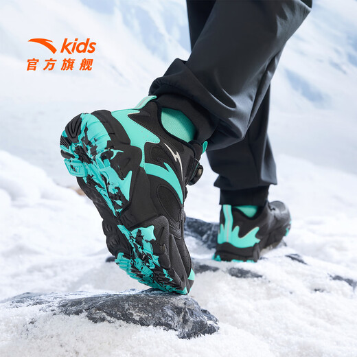 Anta children's cotton shoes for boys and girls winter non-slip knob buckle high top plus velvet warm outdoor snow boots two cotton shoes store manager recommended black/fluorescent aqua-4 35 shoe inner length 22cm