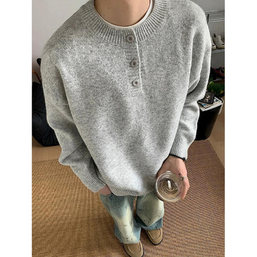 QGF gray American Henry collar sweater men's autumn high-end lazy style bottoming sweater cleanfit inner wear black M recommended 90-100Jin Jin equals 0.5 kg