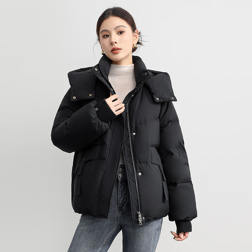 Flying in the snow short down jacket for women 2025 winter new hooded casual thickened warm 90 velvet jacket trendy black M