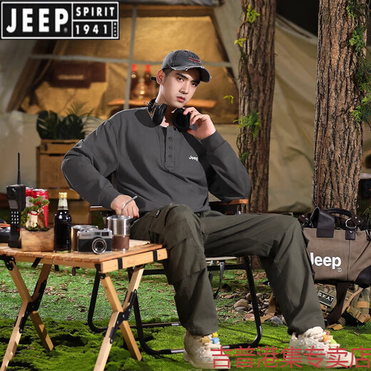 JEEP SPIRIT American heavyweight Henry collar sweatshirt men's new casual long-sleeved T-shirt autumn and winter pure cotton bottoming shirt men's trendy military green M 100-120Jin Jin equals 0.5 kg