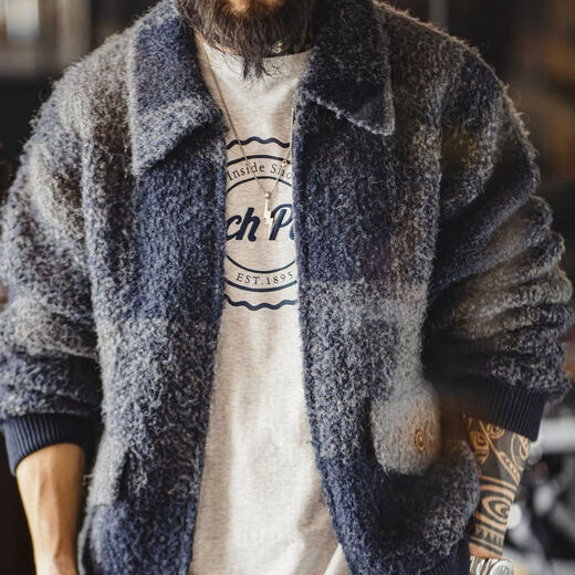 Madden Workwear American Retro Buffalo Plaid Woolen Jacket Wool Blended Lapel Plaid Cardigan Hunting Jacket Men's Autumn Gray Blue Loose Fit 2XL