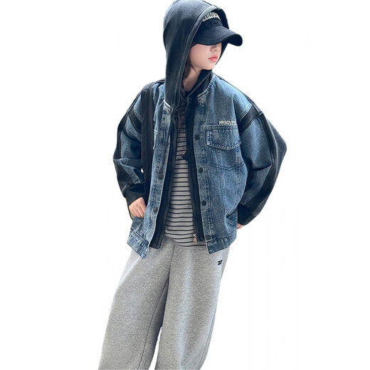 Burwilde international brand girls' denim jacket Korean style spring and autumn 2025 new style for middle-aged and older girls with style and personality hooded blue (jacket) 120 cm