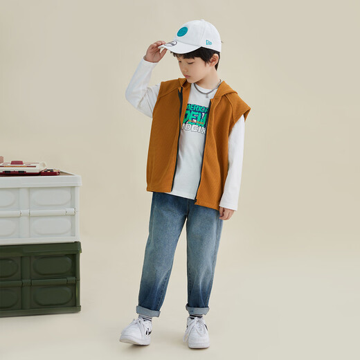 Duojia boys hooded vest 2025 spring and autumn children's sleeveless waffle inner vest vest children's jacket brown 160