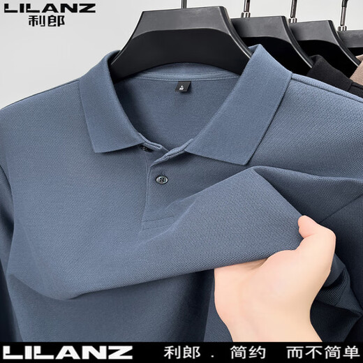 Lilang POLO shirt men's long-sleeved spring and autumn new business casual solid color T-shirt men's middle-aged pure cotton T-shirt gray purple 2XL 180 weight 155-175Jin Jin equals 0.5 kg