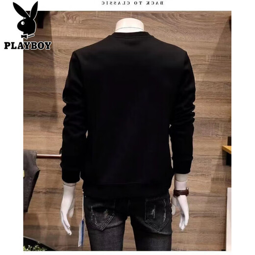 Playboy (PLAYBOY) high-end 2025 new spring, autumn and winter men's sweatshirt trendy brand trendy slim round neck printed pullover base shirt for men H1278-Black plus velvet M Recommended 90-110Jin [Jin equals 0.5 kg]