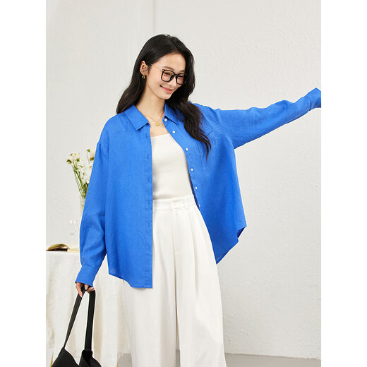 Fanciman Commuting Linen Long Sleeve Shirt Women's Spring New Simple Relaxed Lapel Top Klein Blue XL