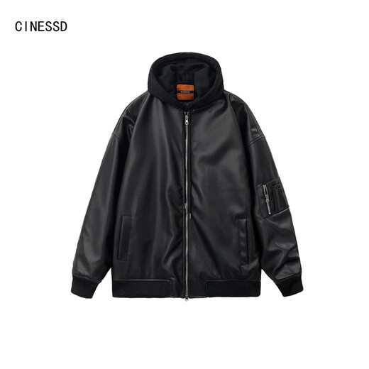 CINESSDMrcyc leather jacket men's high-end fake two-piece patchwork hooded jacket Korean loose fashion brand workwear black L