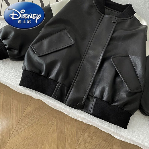Disney children's leather jacket boys handsome motorcycle jacket baby spring new fleece top leather jacket black fleece 90 cm