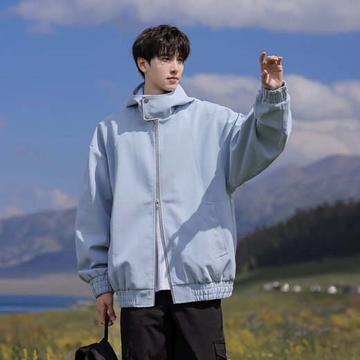 WHIM NASA men's jacket 2025 new spring and autumn American retro leather jacket men's hooded work jacket light blue XL (recommended 150-170Jin Jin equals 0.5 kg)