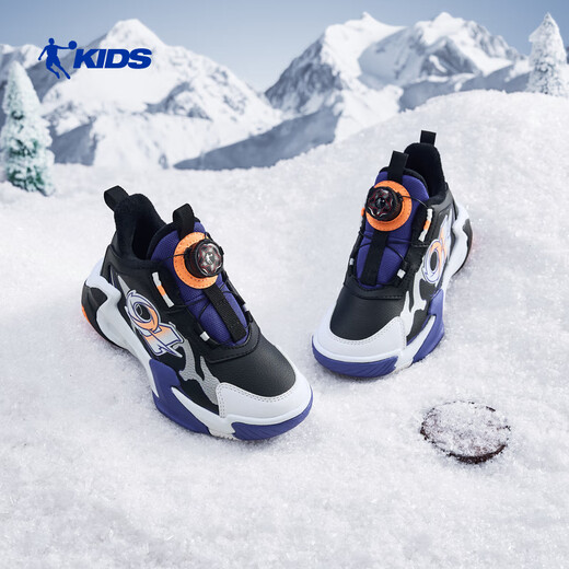 Jordan boys' velvet basketball shoes children's cotton shoes winter leather sports shoes black/misty blue 32