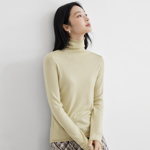 Dialogue (DUIBAI) cashmere + sheep wool solid color curled turtleneck sweater for women 2025 winter new knitted bottoming sweater, light bud yellow M