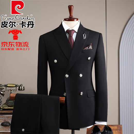 Pierre Cardin high-end double-breasted suit suit men's high-end business casual suit three-piece groom's wedding dress JS8025 black three-piece suit L =110~125Jin Jin equals 0.5 kg