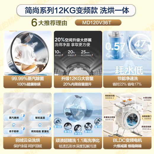 Midea drum washing machine fully automatic state subsidy household 10/12kg single washing/washing and drying machine first-class energy efficiency energy-saving frequency conversion sterilization and mite removal old for new 12KG with dryer 36 soft drying clothes + deodorizing air washing washing and drying integrated