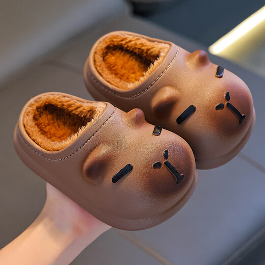 Kapibara children's cotton slippers feel like stepping on poop, boys' winter cute non-slip indoor bathing soft-soled baby slippers, upgraded version of environmentally friendly material desert gray slippers, size 12 35/36 (shoe inner length 21CM, suitable for feet 20