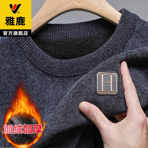 Yalu autumn and winter sweater men's round neck one-piece velvet jacket plus velvet thickened chenille warm embroidered sweatshirt bottoming shirt black plus velvet XL recommended 140-160Jin Jin equals 0.5 kg