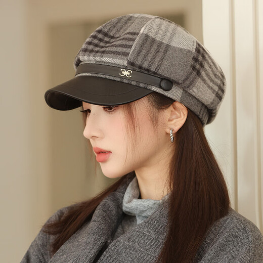 Jimmy Leaf Octagon Hat Women's Autumn and Winter Plaid Beret Casual and Versatile British Style Peaked Hat Warm Painter Hat Coffee One-size-fits-all Head Circumference 55-58CM