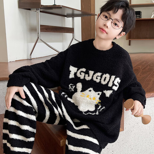 G.duck children's clothing boys' pajamas winter home clothes plus velvet autumn and winter big children thickened coral velvet boys' flannel trendy white 120 m