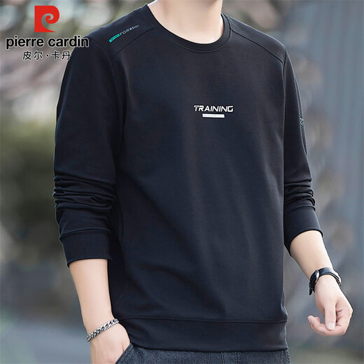 Pierre Cardin sweatshirt men's spring and autumn trendy round neck long-sleeved T-shirt men's loose casual stretch clothing men's black XL