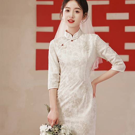 Bangboshi New Year New Chinese Style Improved Cheongsam 2025 Autumn and Winter Little People Everyday Elegant Engagement Mid-Long Sleeve New Year Gift Beige Improved Cheongsam Mid-Length L Suitable (85-100)