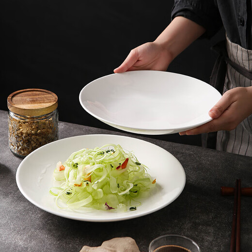 Simple pure white ceramic round soup plate, cold dish plate, Chinese hotel high-end hot dish plate, restaurant tableware, 9-inch Tang-style soup plate-Youpin white porcelain