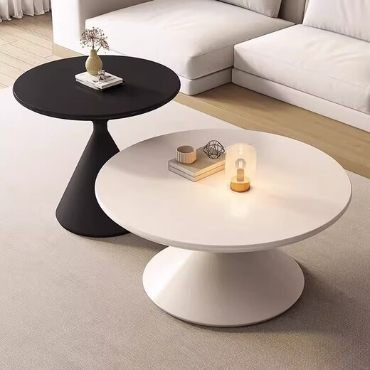 Cream style solid wood tea house minimalist living room small apartment modern simple high-end round movable side table large white and small black 50+70 combination thickened quality