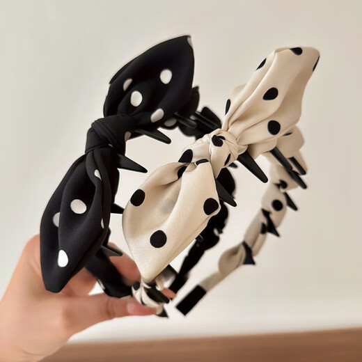 Hua Shike Korean style polka dot bow headband for women 2025 new high-end sense with teeth pressure hair high head non-slip face wash headband 1# black polka dot-rabbit ear headband