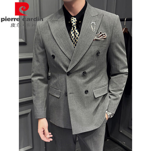 Pierre Cardin yarn-dyed dark striped double-breasted suit for men, Korean style slim and crisp business formal wedding suit, three-piece suit, medium gray (single suit) 3XL