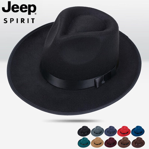 JEEP SPIRIT Shanghai Beach Big Brim Top Hat Men and Women Jazz Hat Black Hat Retro Middle-aged and Elderly Spring Autumn and Winter Woolen Hat Gentleman L142 Large Brim Woolen Black One Size (57-58cm)