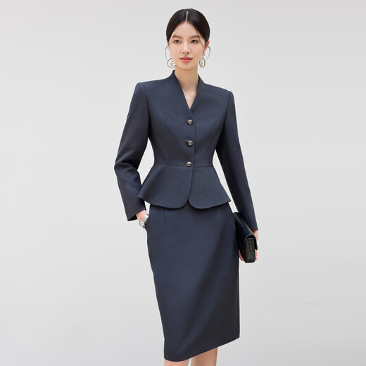 黛维亚2025新青灰色西装套裙女秋气质显瘦酒店前台接待工服珠宝店职业装 藏青色西服+半裙 XL