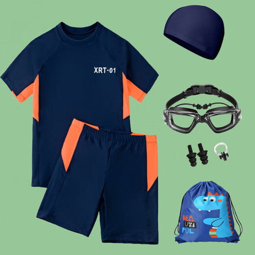 MilletPepper swimming suit for young men, one-piece swimming trunks, black, middle and large children, primary school students, junior high school training students, green + green hat + swimming goggles, nose clip, earplugs + swimming bag S (45-60Jin Jin is equal to 0.5kg)