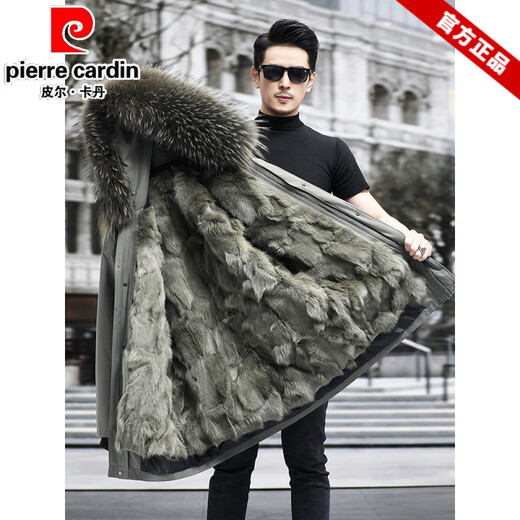 Pierre Cardin Parker Men's 2025 New Winter Fox Fur Liner Fur Integrated Mid-Length Mink Fur Jacket Green Shell + Khaki Fox Fur Liner <Real Fur Integrated> M 90Jin Jin equals 0.5kg -110Jin Jin equals 0.5kg