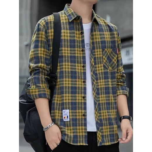 
Pure YISHION plaid casual shirt men's spring and autumn long-sleeved shirt Korean top retro loose summer thin jacket K12111 m blue + K12111 yellow blue M 90-110Jin [Jin equals 0.5 kg]