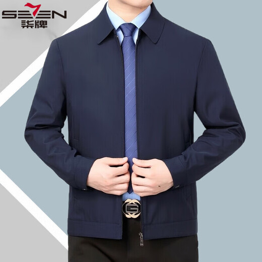 SEVEN 7 Seven brand men's jacket mulberry silk spring and autumn middle-aged dad wear business casual executive lapel iron-free jacket dark blue lapel L 175/92A
