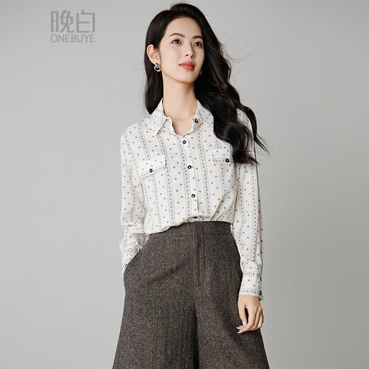 Late White New Product 2025 Autumn Temperament Printed Shirt Skin Friendly Elastic Casual Lapel Shirt for Women Color XL