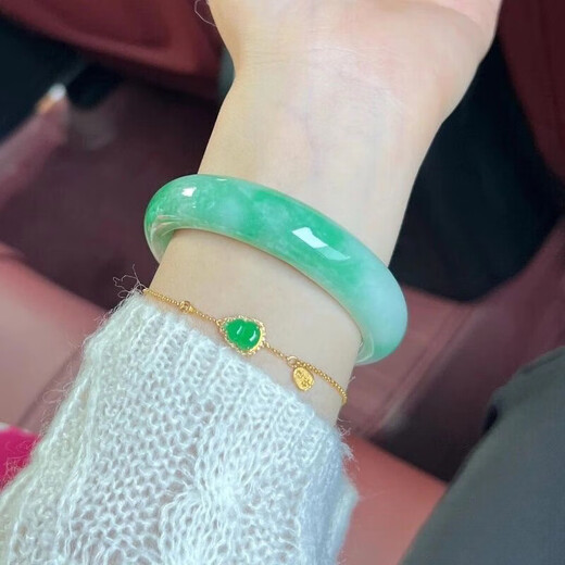 珐莱儿翡翠手镯冰种正品白底青飘绿玉手镯阳绿飘花高冰翡翠冰糯种玉手镯 54mm圈口