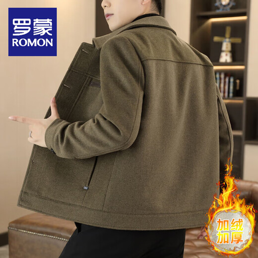 ROMON wool jacket men's short velvet thickened jacket autumn and winter men's new casual slim lapel woolen top Khaki XL 180/100A 130-150Jin Jin equals 0.5 kg