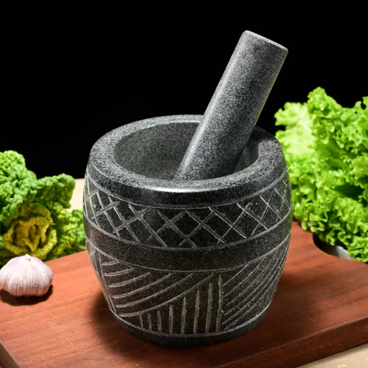 Yusenyi large handmade garlic press stone garlic mortar household grinder stone mortar for pounding medicine, smashing pepper, peeling garlic garlic press large black stone carving with stone handle