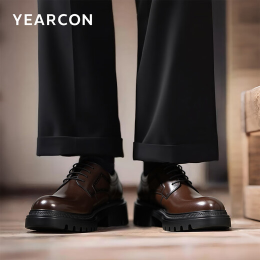 Yierkan Men's Shoes Leather Shoes Men's 2024 Autumn New Cowhide Thick-Soled Light Business Casual Shoes British Derby Shoes Men's Brown 40